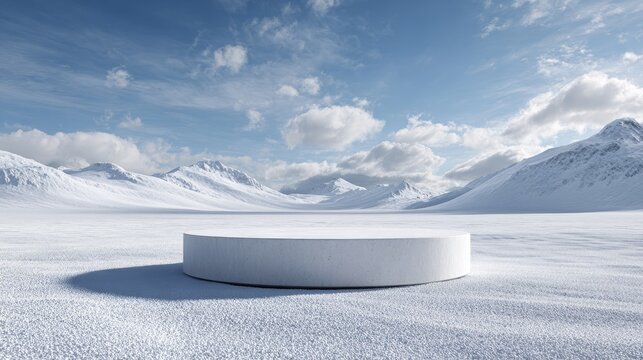 A stark white podium sits on a snow-covered plain, backed by snow-capped mountains under a bright, cloudy sky