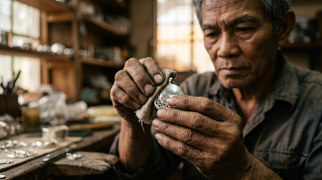 Elder artisan polishing a handmade silver pendant in a jewelry workshop.