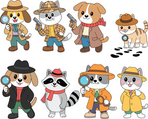 Obraz premium Adorable cartoon animal detectives and private investigators with magnifying glasses
