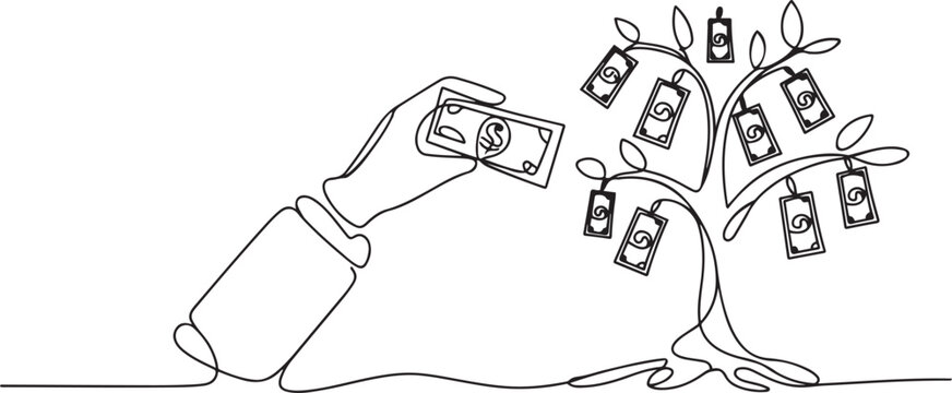 Single continuous line drawing hand pick up dollar banknote from money tree. Hand of businessman who pours money tree.one line Art icon drawing vector