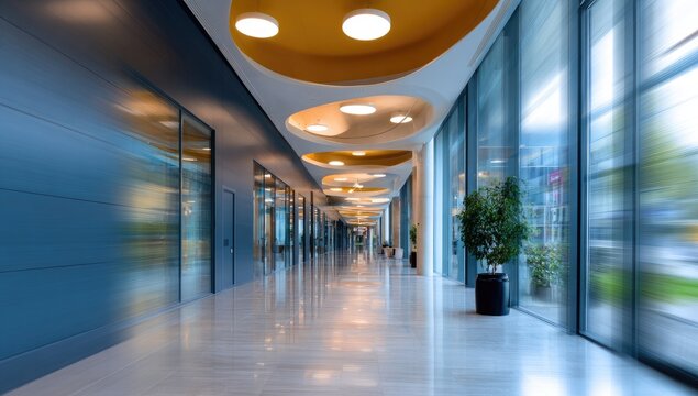 Long, modern, brightly lit corridor with reflective floors, contemporary ceiling lights