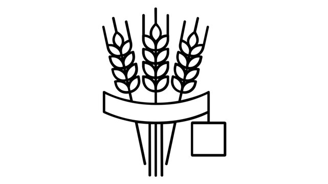 Clean line art vector icon illustration of a bushel of wheat stalks with a price tag, representing global commodities market, agricultural trading, grain prices, and food supply chain concepts.