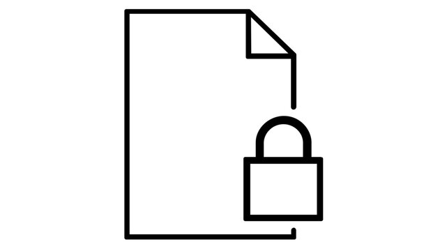 Minimalist vector icon illustration of a secure document file with a padlock symbol, representing data privacy, encrypted information, and confidential digital storage in a clean line art style.