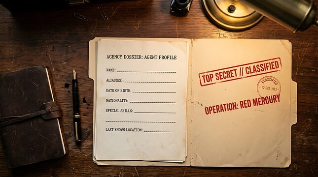 Top down flat lay view of an open vintage folder labeled 'top secret classified' and 'operation red mercury' with a blank agent profile form alongside a leather bound notebook