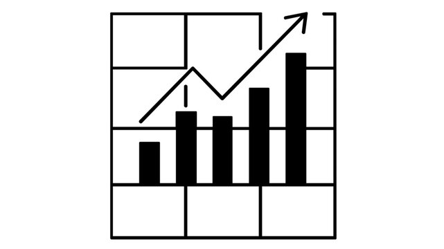 Minimalist vector icon illustration of a business spreadsheet showing statistical data, econometrics symbols, bar charts, and an upward growth trend line in a clean black and white line art style.