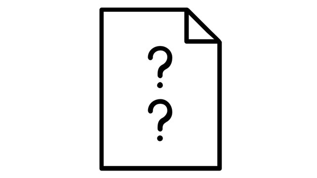 Minimalist FAQ section vector icon with two question marks on a document page. Clean line art illustration for help centers, customer support, information guides, and digital documentation.