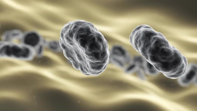 Microscopic 3D animation video of textured dark cells or pathogens floating against a golden background.