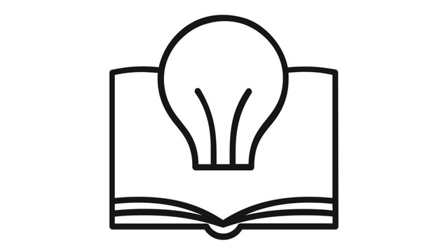 Minimalist vector icon of an open book with a lightbulb, representing knowledge base, creative ideas, education, and insight. Clean line art illustration for learning and wisdom concepts.