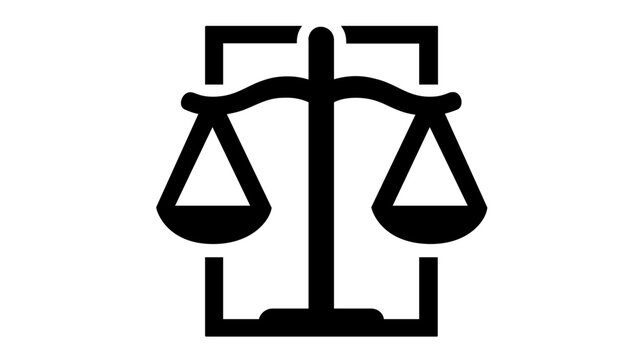 Minimalist black and white vector icon of a legal document with a justice scale symbol, representing law, court, justice, and official contracts in a clean flat line art style illustration.
