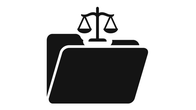 Legal Document Vector Icon Illustration Featuring a Black File Folder with a Justice Scale Symbol. Minimalist Flat Design Representing Law, Court Cases, Jurisprudence, and Legal Paperwork.