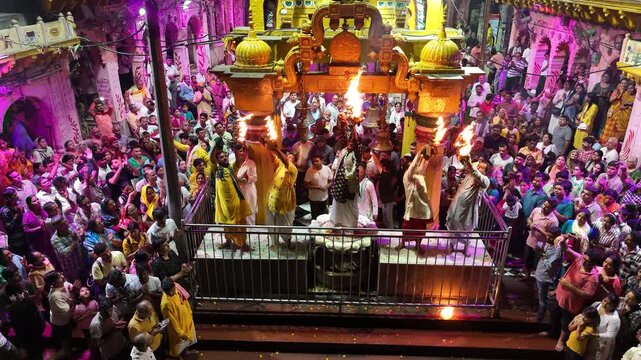 Aerial view of evening Yamuna Aarti at Vishram Ghat, Mathura, Uttar Pradesh, India
