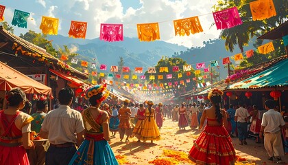 Fototapeta premium Vibrant cultural festival in mountainside village.