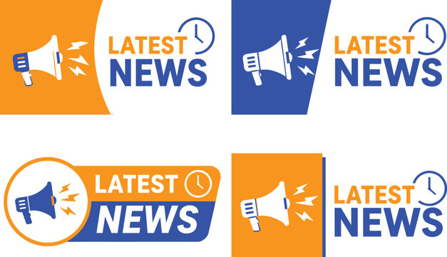 Collection of latest news banners with megaphones and clocks indicating announcements and urgency.