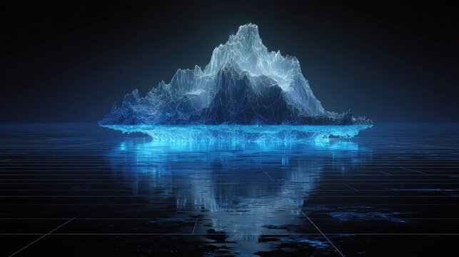 Ethereal, glowing ice mountain floats on reflective, dark surface