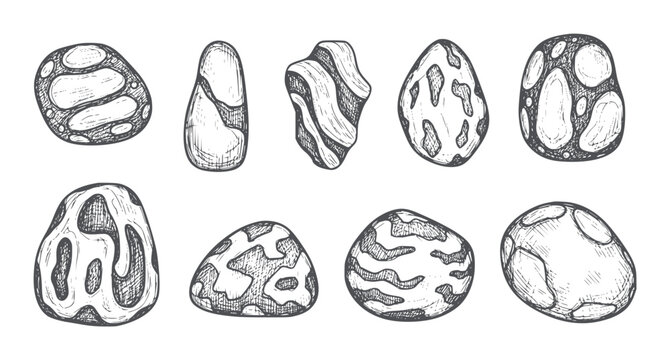 Hand Drawn Collection of Various Textured Pebble Stones rock
