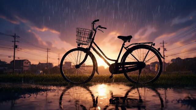 bicycle in the rain at sunset silhouette on a wet field with golden clouds reflection