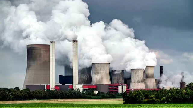 nuclear power plant Smokestacks of factory tubes chimney smoke create environmental pollutants Factory tubes chimney smoke