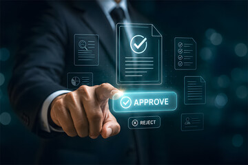 Fototapeta premium Business Manager Selecting Approve Button on Virtual Interface for Digital Document Validation and Corporate Authorization Workflow