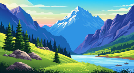 Serene Mountain Valley Landscape with River and Trees - Vector Illustration © Purnomo