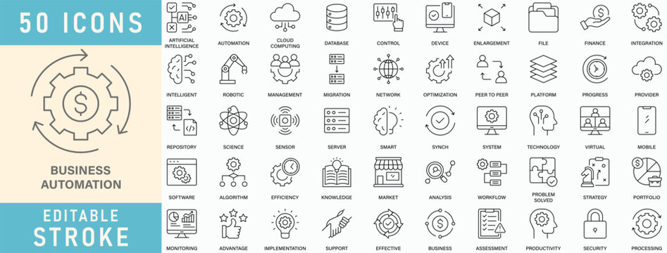 Business Automation icon collection set. Editable stroke. Vector illustration.
