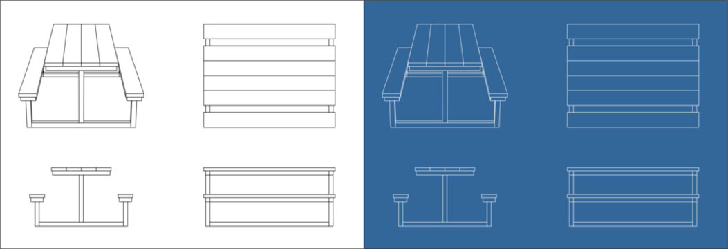 Multi-View Set of Wooden Picnic Table with Orthographic Elevations and Isometric Perspective Blueprint