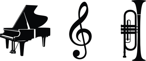 Musical instruments and symbols silhouette set: grand piano treble clef trumpet with black and white sheet music instrument orchestra classical silhouette performance composition keyboard © MstAsmaAkter