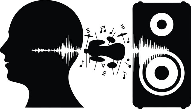 Sound perception silhouette: head hearing music from speaker with sound waves and notes sound wave musical notes listening waveform silhouette perception information communication