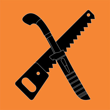Crossed Hand Saw and Machete Silhouette Industrial Icon, for woodwork and agricultural logo
