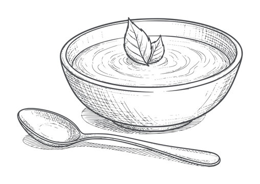 Hand drawn of a bowl of soup with a spoon and basil garnish