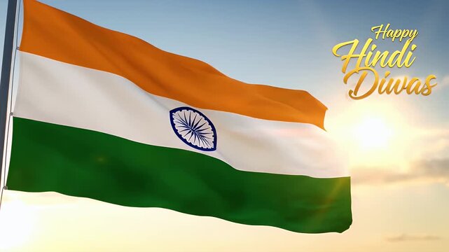 Indian flag waving with Happy Hindi Diwas golden text over a beautiful sunset sky.  