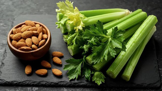 fresh celery and almonds on a dark slate board for a healthy snack concept in rustic