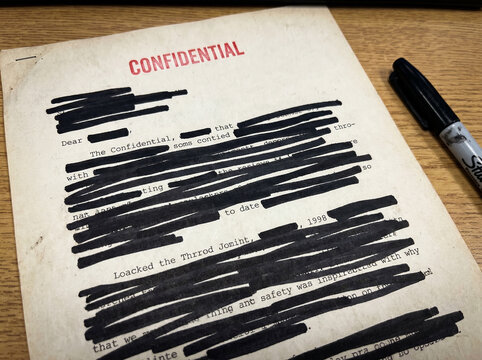 Confidential document with black redacted lines and a marker on a desk