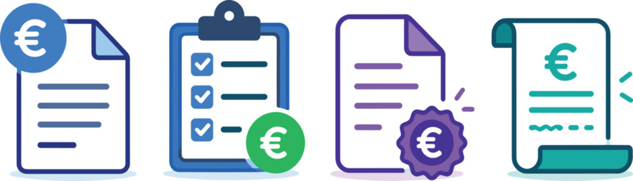 Documents and contract icons with euro symbols and checklist, financial and legal themes.