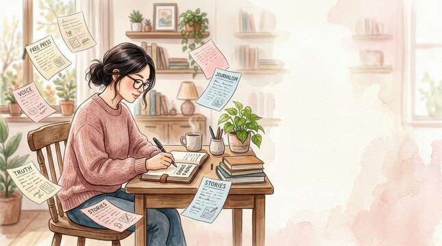 Young woman writes stories in her notebook at a desk. Papers on journalism float nearby