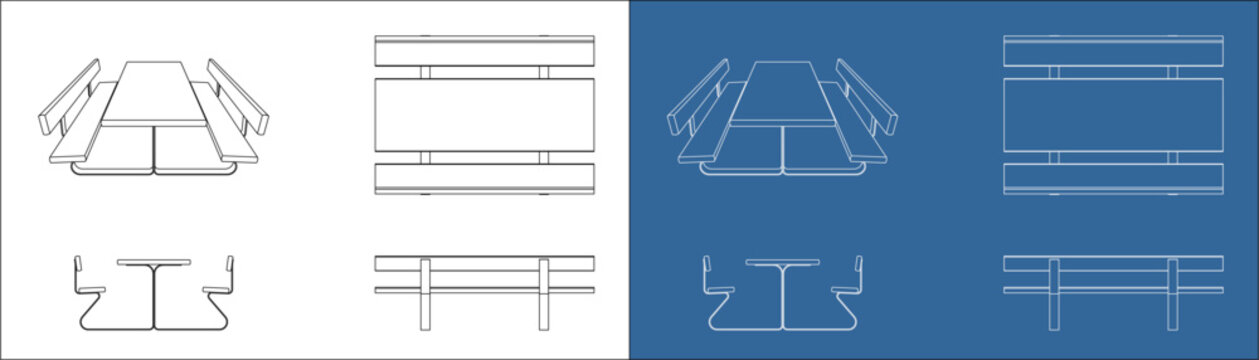 Modern Picnic Table and Bench Multi-View Set with Orthographic Elevations and Isometric Blueprint