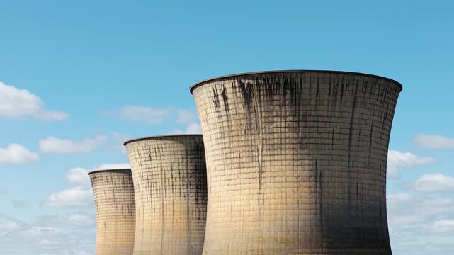Perspective line of nuclear cooling towers forming repeating industrial pattern against blue sky. Energy sector transition and sustainability issues reflecting through abandoned atomic site