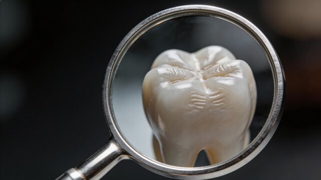 A detailed view of a tooth under a magnifying glass, highlighting its surface texture and anatomy, with a dark background for contrast and focus.