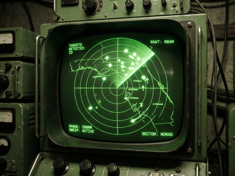 Vintage military radar screen showing flight targets on a control monitor