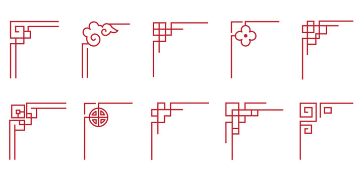 Chinese Traditional Corner Frame Set with Red Decorative Border Pattern Elements, Asian Lunar New Year Ornament Vector Collection - Editable Stroke
