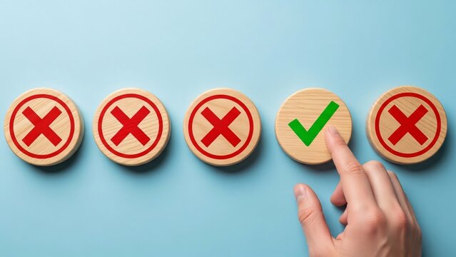 Hand selecting correct option among multiple choice buttons with checkmark indicating approval or correct answer in a decision process or quiz scenario