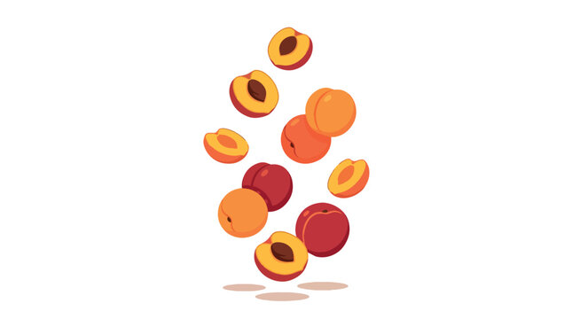 Composition of several fresh ripe peaches including whole fruits and halved segments with visible pits and juicy orange flesh, isolated on white background for food graphic design.