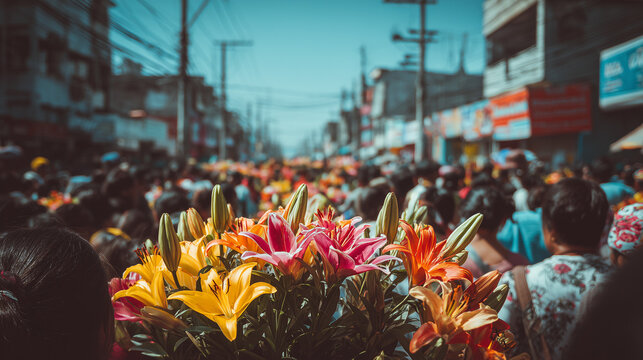 Vibrant Flores de Mayo festival parade with people, flowers, and city streets filled with joy and colorful blooms during daytime celebration.