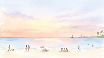 Obraz premium Beach sunset: people relax near lighthouse, sailboat