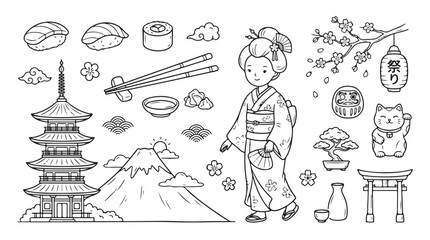Japanese Doodle Collection with Geisha Pagoda and Sushi © Afi