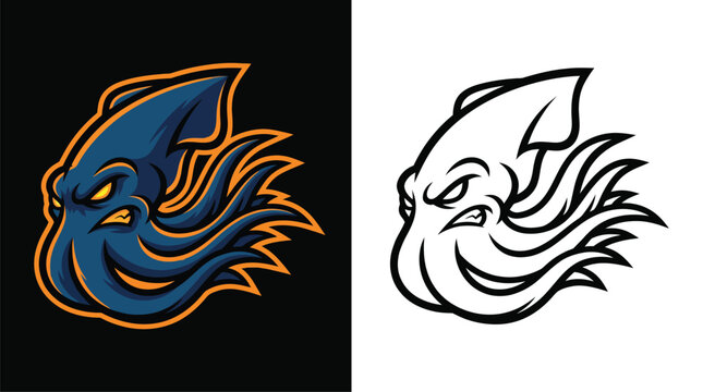 Aggressive blue squid mascot with glowing yellow eyes and tentacles, presented in both a colored version and a black and white outline.