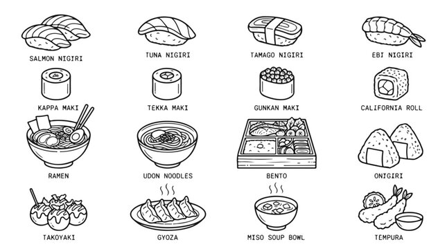 Japanese Doodle Food Collection Diverse Selection of Popular Dishes
