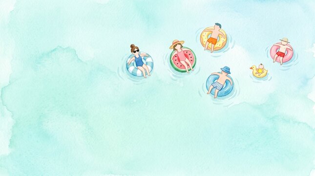 Adults and children float on diverse inner tubes and a duck ring in calm water on a summer day
