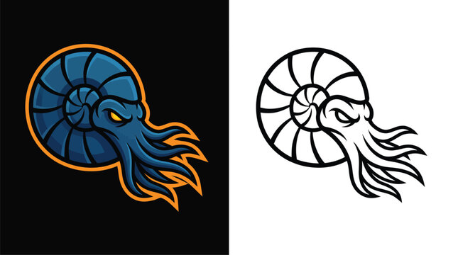 A fierce, stylized ammonite creature with tentacles and glowing yellow eyes, presented in both a colorful illustration and a black and white line art version.