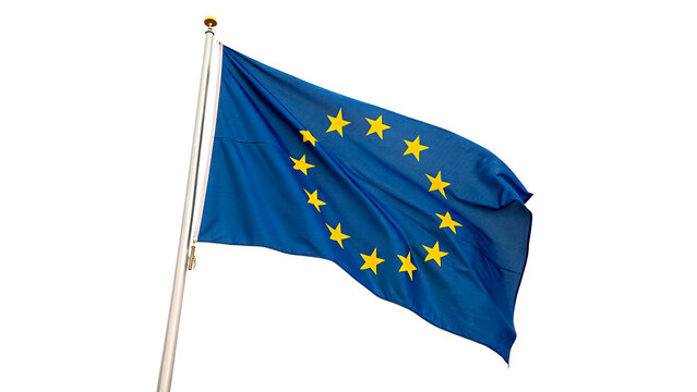 European Union flag waving proudly for international politics business and european community cooperation concepts isolated on transparent background cut out