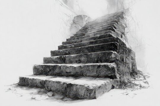 An artistic sketch of ancient stone steps leading upwards into a bright, hazy, and mysterious light.